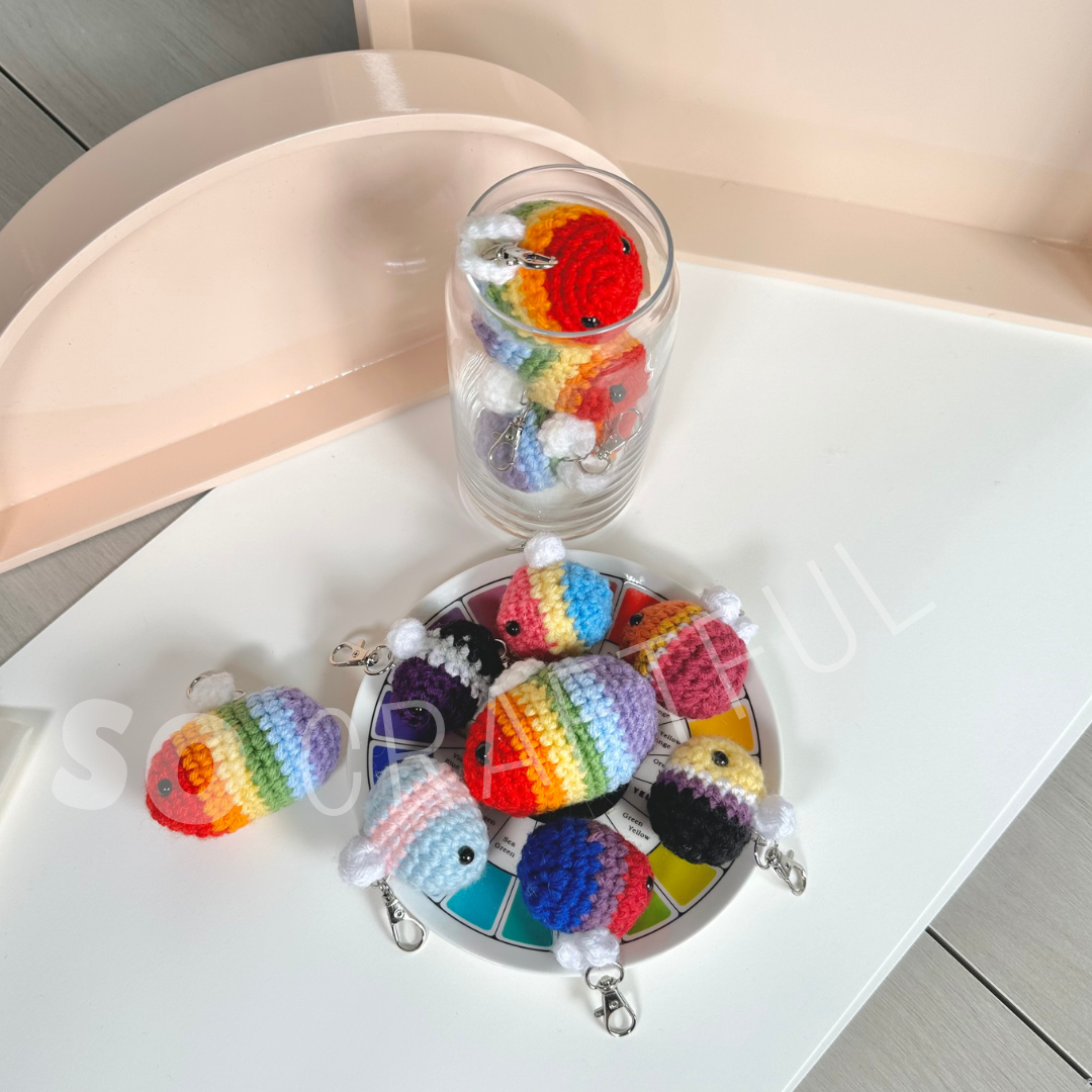 Crochet Rainbow Bee Keychain