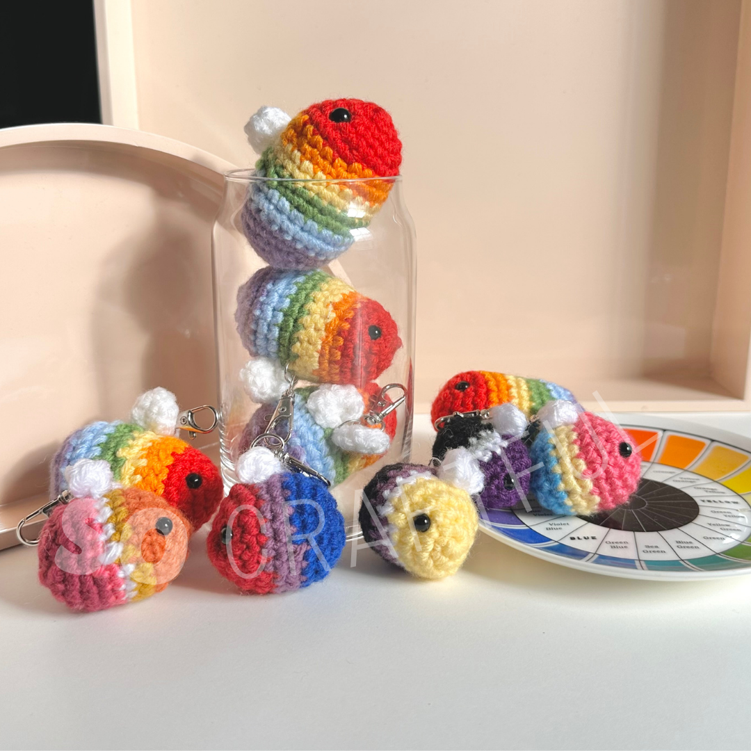 Crochet Rainbow Bee Keychain